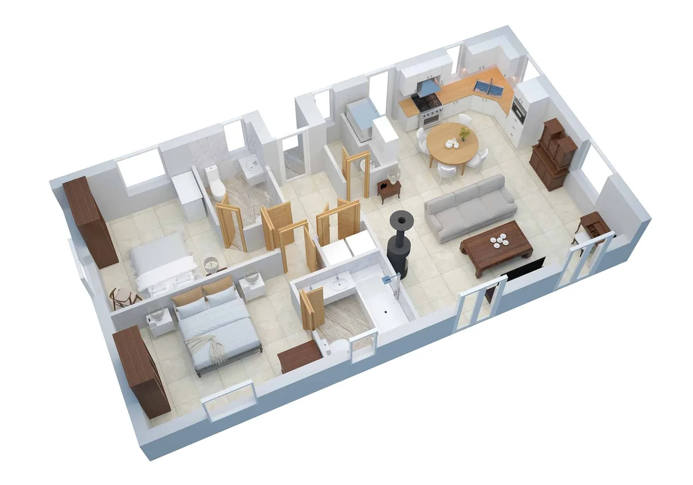 Plan 3D de l'appartement, vu du dessus, avec les chambres, les salles de bain, le séjour, la cuisine et la terrasse