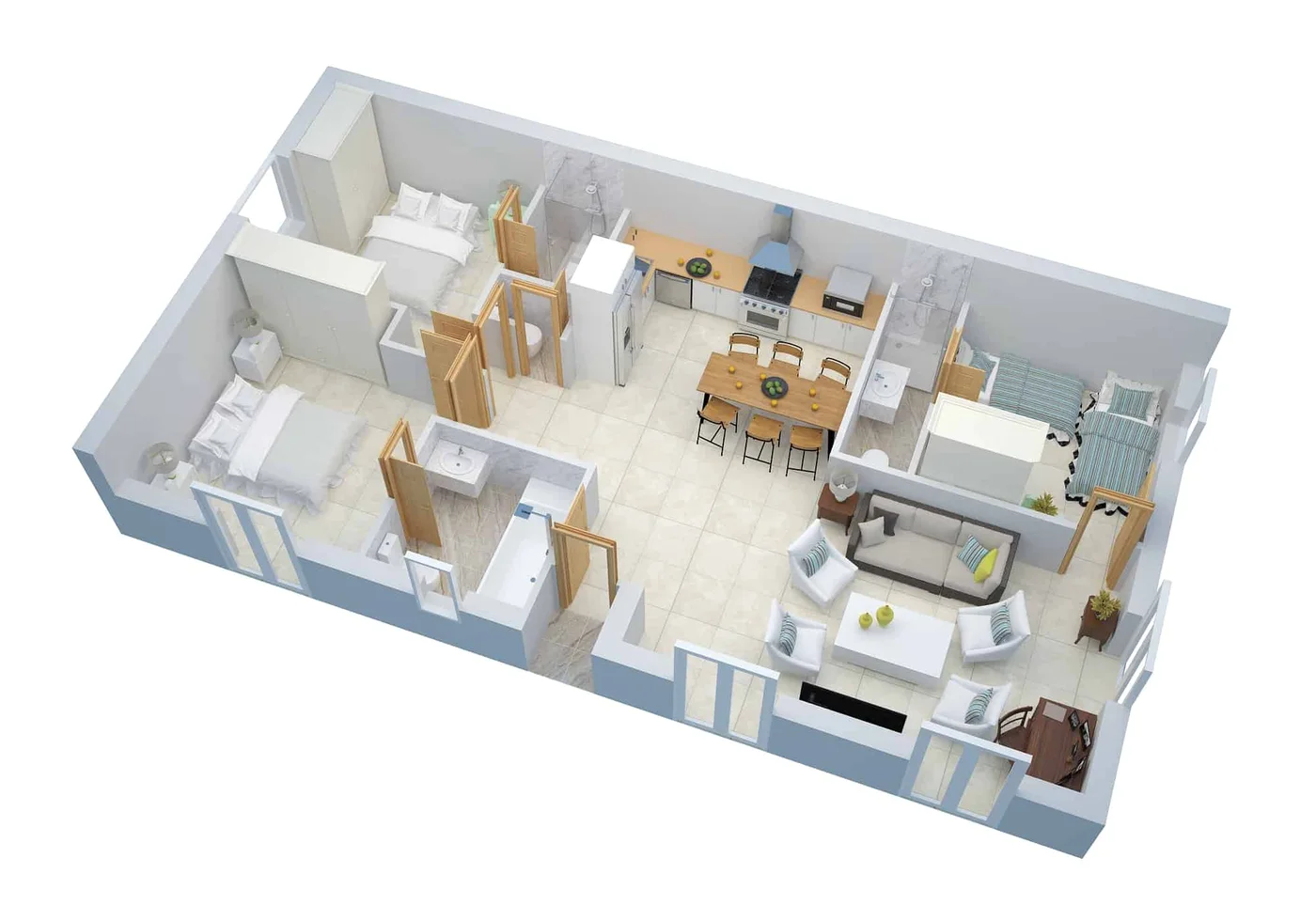 Plan 3D de l'appartement, vu du dessus, avec les chambres, les salles de bain, le séjour, la cuisine et la terrasse