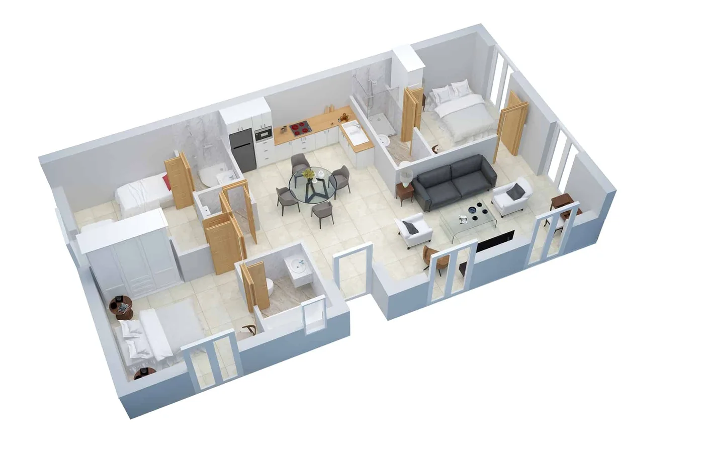 Plan 3D de l'appartement, vu du dessus, avec les chambres, les salles de bain, le séjour, la cuisine et la terrasse